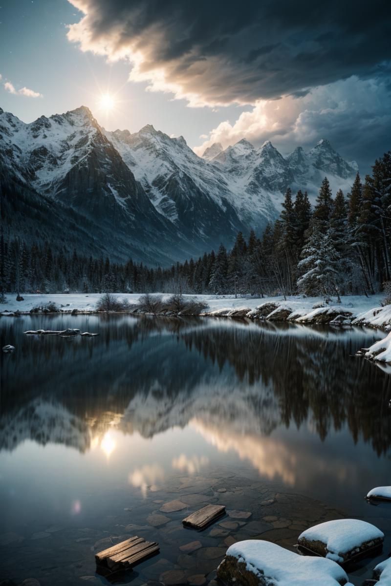 A serene view of mountains reflected in a lake surrounded by snow and pine trees.