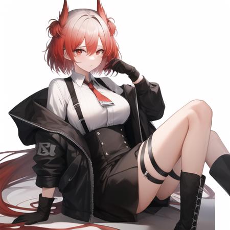 (masterpiece, best quality:1.2),absurdres,highres,1girl,solo,upper body,red_eyes,boots,red_hair,white_shirt,red_necktie,black_skirt,looking_at_viewer,black_footwear,gloves,black_jacket,short_hair,open_jacket,id_card,breasts,off_shoulder,collared_shirt,thigh_strap,high-waist_skirt,bird_tail,suspenders,<lora:Fiammetta(ark)>,