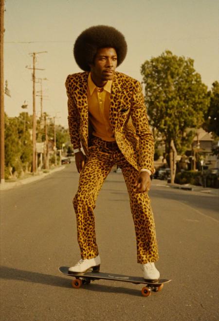 Large-format 8x10, cinematic film still, Kodak VISION3, 500T, 5219 colors negative, an Afro-American man, skating down a suburban California street, the man is wearing a vibrant, 1970s-inspired dolomite/pimp-style Fendi suit, luxury, amazing quality, 4k, 8k, detailed, warm, golden, afternoon light, wide, minimalist composition,  stylized contrast, pastel-toned suburban backdrop, saturated, luxurious colors, intricate, leopard print suit,  pristine, ultra-realistic 8K resolution, cinematic still, version 5.2, blends, gritty authenticity, visually amazing, award-winning aesthetic, amazing detail specialized large-format lenses, advanced post-processing techniques, 1970s street culture