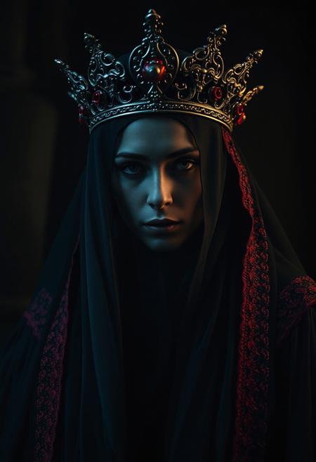 In this captivating dark fantasy portrait, a mysterious veiled queen stands proudly, exuding an aura of power and silent command. Her face, partially obscured by an enigmatic veil, is shrouded in shadow and intrigue. The queen's ornate crown, adorned with striking crimson details, contrasts against the deep teal and black color palette. The low-key lighting creates a dramatic atmosphere, with shadows adding depth to the exquisite textures of her regal attire. The background is dark and mysterious, heightening the sense of secrecy and allure. The cinematic style, achieved through a shallow depth of field and high ISO for grain, combined with a 85mm lens, captures the queen's regal presence in a realistic yet dreamlike manner., dark fantasy, real life