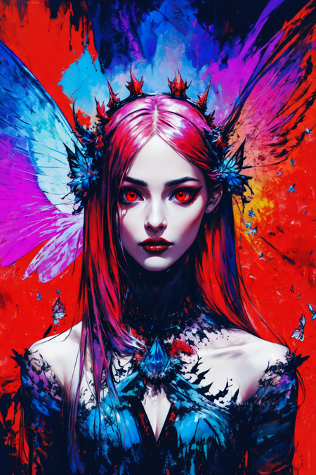 Ambilight, masterpiece, ultra-high quality,( ultra detailed original illustration), Perfil Portrait of a beautiful Girl, Upper body, Crown of Bones, ((Evil Fashion)), (Red Eyes:1.5, Double exposure, fussion of fluid abstract art, Glitch, 2D),(Gothic Oiginal illustration composition),( fusion of limited color, Fractal Geometric, butterflies, Comic art) <lora:Minijisn-03:1>  <lora:Moommst-01:0.5>