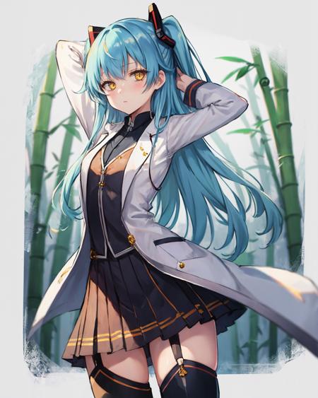 best quality, (masterpiece:1.2), illustration, absurdres,
(1girl, solo), (beautiful detailed girl),
<lora:TioCS3:0.9>,  Tio Plato, yellow eyes, aqua hair, long hair, two side up, small breasts,
fake animal ears,
(lab coat:1.1), black dress,  pleated skirt, black thighhighs, grey boots,
looking at viewer,
in bamboo forest, chinese architecture, stream,,
(arms behind head:1.2), cowboy shot,