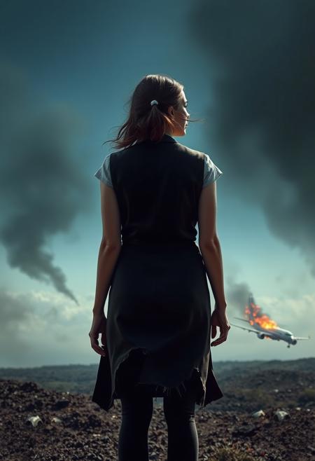 stewardess, torn clothing, plane crash survivor, afraid, view from the ground up, smoke, crashed plane in distance