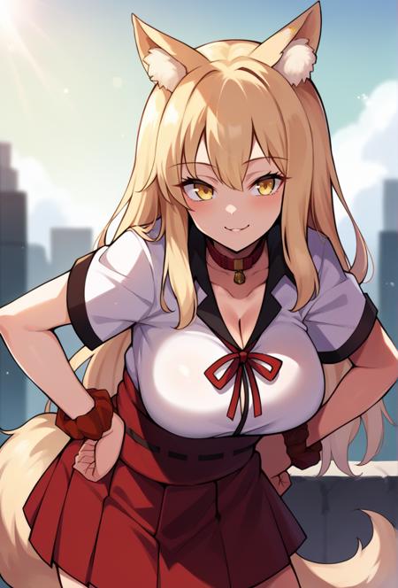 Suzuka_Def, yellow eyes, animal ears, fox ears, animal ear fluff,  fox tail, blonde hair, long hair, wrist scrunchie, red skirt, short sleeves, white shirt, hakama skirt, red scrunchie, pleated skirt, red skirt, ribbon, red ribbon Suzuka_Santa, blonde hair, yellow eyes, animal ear fluff, animal ears, fox ears, fox tail, santa bikini, fur trim, wide sleeves, long sleeves, fur-trimmed sleeves, red headwear, santa hat, fur-trimmed headwear, red skirt, highleg panties, black panties, energy wings, nail polish, pink nails, jingle bell, neck bell, black choker, black belt, jewelry, necklace Suzuka_Swimsuit, blonde hair, pink hair, long hair, gradient hair, two-tone hair, drill hair, curly hair, yellow eyes, animal ear fluff, animal ears, fox ears, fox tail, tail, swimsuit, pink bikini, halterneck, leopard print, sunglasses, eyewear on head, bracelet, necklace, thigh strap, heart tattoo, pink nails, nail polish, belly chain