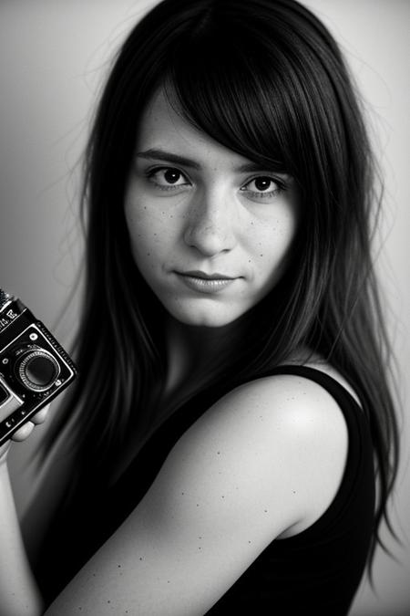 The image portrays a young woman with long, dark hair holding a vintage camera close to her face, partially obscuring one of her eyes. She gazes directly into the lens with an intense, thoughtful expression. The photograph has a distinct cinematic and nostalgic aesthetic, with soft lighting, a grainy texture, and subtle color grading that gives it a vintage, film-like quality.
Subject and Composition
The subject's face is positioned slightly off-center, drawing immediate attention to her sharp and expressive features. Her dark, well-defined eyebrows frame her deep-set eyes, which are slightly shadowed, adding to the introspective mood of the image. Her lips, which are slightly parted and tinted a natural red, contrast subtly with her smooth, pale skin. Strands of hair fall loosely across her face, reinforcing the unposed, organic nature of the portrait.
The camera she holds is an older model, silver and black with a rounded lens, possibly a vintage point-and-shoot film camera. Its reflective surface catches some light, making it a noticeable focal point. Her fingers gently rest on the camera's body, showcasing her relaxed grip, suggesting familiarity and comfort with the device. The camera partially obscures her left eye, creating an artistic and symbolic interplay between the act of capturing an image and being observed.