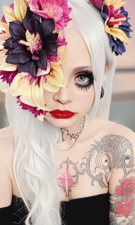 m3t0, long hair, white hair, flower covering the eye, makeup, gray eyes, red lipstick, tattoo, black dress, exposed shoulders