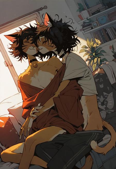 score_9, score_8_up, score_7_up, (cat girls), (cat boy), 1girl 1boy, untidy living room, early morning, anthro, skinny, heterosexual, couple, cuddling, partially undressed, messy hair, choker, oversized clothes, dutch angle, alternate hairstyles, top and sub, feminine,