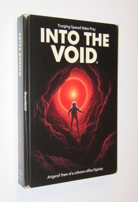 A book of a space adventure with the front cover saying "Into The Void", shows an astronaut going through an unknown section of space