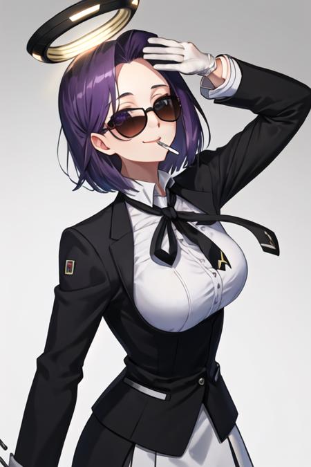 best quality, masterpiece, highres, solo, {black business suit:1.40}, {tie:1.20}, {sunglasses:1.25}, {white gloves:1.15}, {white shirt:1.10}, {black skirt:1.15}, {smoking:1.20}, handsome, {tatsuta_kantaicollection:1.15}, purple_hair, purple_eyes, short_hair, mechanical_halo, halo, smile, breasts, large_breasts