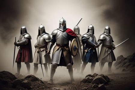 graphics pencils crayons,battle between knightsmedieval, nearby castle, weapons swords, super realistic picture 4k resolution, ultra HD, realizam, detailed visualizations of knights and landscape, detailed image of their faces and weapons and armor