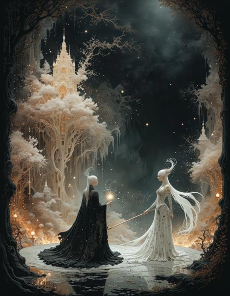 (by Kay Nielsen:1.5), (Within the shimmering confines of a Magical arena, Wizards duel, their spells colliding in a spectacle of light and power, as arcane energies crackle in the air.:0.5) ([Mythopunk|Forestpunk]:1.3)