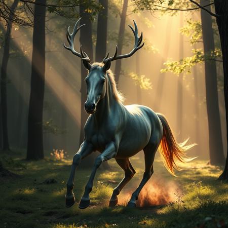 hyperrealistic art a horse-stag hybrid with a horse's sleek body and a stag's regal antlers, galloping through a sun-dappled forest with shafts of light creating a dreamy, magical atmosphere. extremely high-resolution details, photographic, realism pushed to extreme, fine texture, incredibly lifelike