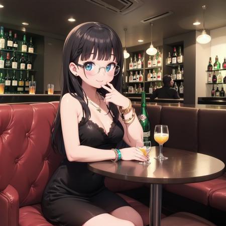 best quality, ultra-detailed, illustration, glasses,
cabaret, scenery, bar (place), indoors, chair, table, light,
1girl, solo, glasses, jewelry, long hair, necklace, smile, black hair, looking at viewer, black dress, sleeveless dress, bracelet, sitting, drinking glass, alcohol, 
 <lora:cabaret_SD15_V1:1>