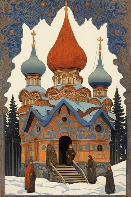 <lora:Ivan Bilibin Style:1>Ivan Bilibin Style - Illustration of a traditional Russian izba (cottage) in the style of Mikhail Vrubel, incorporating the compositional principles inspired by Ivan Bilibin. This artwork focuses on the architectural beauty of the izba, omitting human figures to highlight its serene and timeless presence