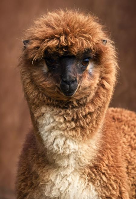 photograph of a young female beautiful alpaca, large ears, salon cut, round head, extremely fat, strong and muscular , round eyes, round pupils, high contrast, ray og light, light on the eyes, hard shadow, ENF, Embarrassed, Covering,
