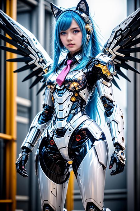 <lora:AgainCyberpunkArmor:0.8>,18 y.o, cuite face, 1girl, long hair, solo, blue hair, blue eyes, portrait, very long hair, looking at viewer, standing, animal ears, breasts, mechanical arms, science fiction, cyborg, necktie, chibi, wings,