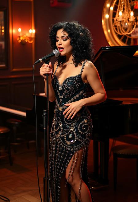 SK_CINEMATIC, a stunningly attractive 35 year female, curly black hair, is wearing a (beautiful and intricately detailed sequin cocktail dress and heels:1.4), whilst on stage singing at a smoky jazz club next to a grand piano, she has professional, sultry makeup, is covered in jewels and is behind an old fashioned microphone.