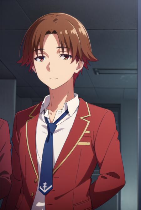 kiyotakaayanokouji, <lora:kiyotaka ayanokouji s2-lora-nochekaiser:1>,
kiyotaka ayanokouji, brown hair, (brown eyes:1.5), male focus, (parted bangs:1.5), short hair,
BREAK school uniform, jacket, necktie, blazer, blue necktie, shirt, white shirt, collared shirt, (red blazer:1.5),
BREAK indoors, classroom,
BREAK looking at viewer, (cowboy shot:1.5),
BREAK <lyco:GoodHands-beta2:1>, (masterpiece:1.2), best quality, high resolution, unity 8k wallpaper, (illustration:0.8), (beautiful detailed eyes:1.6), extremely detailed face, perfect lighting, extremely detailed CG, (perfect hands, perfect anatomy),