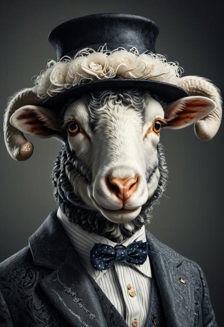 This ultra-detailed and hyper-realistic artwork is rendered in a dramatic, high-contrast, and cinematic style, featuring an anthropomorphic sheep dressed in a chic outfit and hat. The portrait captures the unique and visually captivating composition of this extraordinary character in a striking and unforgettable manner.