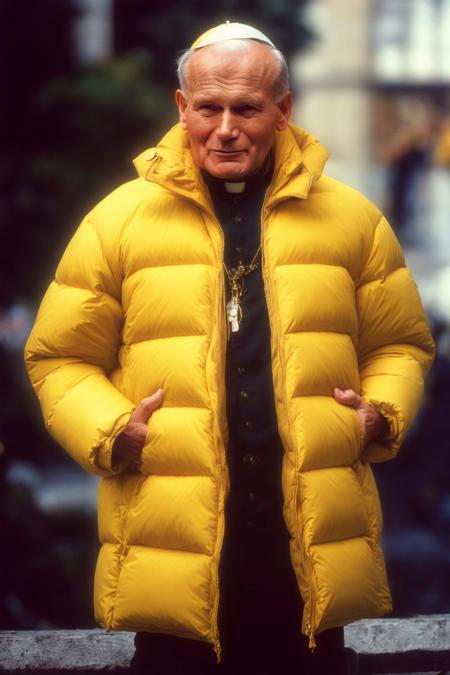 photo realistic analog canon EOS, masterpiece, jan pawel ii <lora:JanPawel2v21:0.8>, ((yellow balenciaga puffer jacket)), poland 1990 90s, dramatic, cinematic, film grain, moody tones