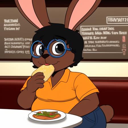 <lora:Lemmy:1>, bunny, glasses, cute, brown fur, cartoon, 4k, hd, pose, big ass, orange shirt, blue glasses, black hair, fat, restaurant, eating,