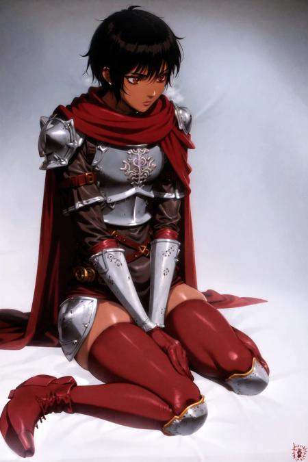 casca \(berserk\), 1girl, armor, black hair, boots, breastplate, brown eyes, cape, dark-skinned female, dark skin, gloves, red gloves, red legwear, short hair, shoulder armor, sitting, solo, thighhighs