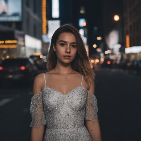 instagram photo, front view, portrait photo of a 24 y.o woman,  walking in the New York night, wearing dress, beautiful face, cinematic shot