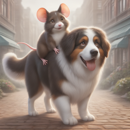 <lora:doggyback_v1.16:1>, doggybackride, dog, (mouse:1.2), border collie dog, (brown mouse:1.2), dog walking, mouse sitting on dog, dog giving a mouse a piggy back ride, city street, buildings, park