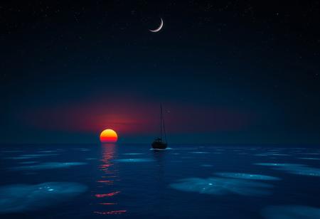 A majestic cinematic shot frames the lone ship gliding across the deep blue ocean, against the breathtaking backdrop of a fiery orange-pink sunset dissolving into inky blackness. The crescent moon casts a soft glow, illuminating the bioluminescent water's shimmer. The vast ocean and celestial sky evoke tranquility, wonder, and awe, while the solitary ship adds mystery and adventure, inviting the viewer to embark on a fantastical journey across the starry sea.