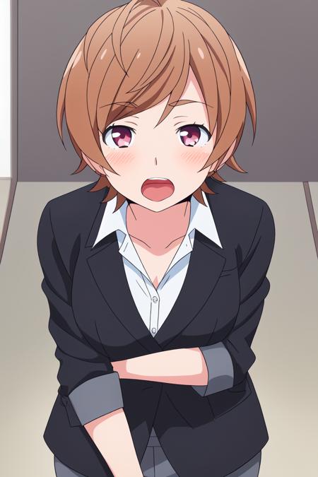 <lora:Eromanga_ayame:0.7> manager-tyan
1girl, blush, brown_hair, collarbone, collared_shirt, eyebrows_visible_through_hair, formal, koizumi_hanayo, looking_at_viewer, open_mouth, shirt, short_hair, solo, suit, white_shirt