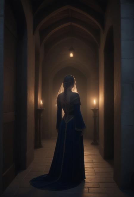 A medieval girl standing in a dimly lit stone castle corridor, illuminated by flickering torchlight. She wears a long, flowing gown made of deep blue velvet, embroidered with gold thread, and a delicate silk veil draped over her braided hair. she clutches an ancient, leather-bound book to her chest. The cold stone walls around her are adorned with faded tapestries depicting knights and mythical creatures. In the background, a large wooden door with iron reinforcements is slightly ajar, hinting at a mysterious chamber beyond. The atmosphere is moody and evocative, capturing the essence of the Middle Ages, ambient lighting, cinematic elements, looking away, from the back, no face, facing the back, behind