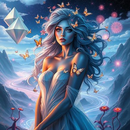 Create an image of a stunning woman with iridescent skin that shifts colors from deep blue to shimmering silver, standing in a dreamlike environment. Her hair is an intricate tapestry of flowing vines and flowers, intertwining with luminous butterflies that flutter around her.
The background features a bizarre landscape with gravity-defying hills and swirling rivers of liquid light. Giant, floating geometric shapes hover in the sky, casting colorful shadows on the ground. 
The woman wears an avant-garde dress made of translucent fabric that appears to be woven from starlight, changing form with each movement. Her eyes are multifaceted, resembling prisms, reflecting the surreal colors around her. 
Strange, whimsical creatures with elongated limbs and radiant patterns explore the landscape, while abstract, pulsating plants emit soft glows. The scene evokes a sense of wonder and enchantment, blurring the lines between reality and fantasy.