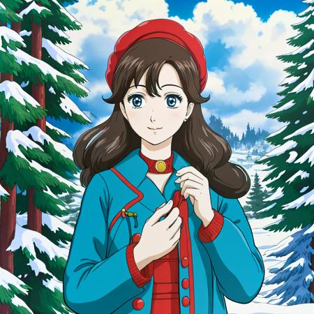 (Anime:1.1), 
best quality, 1girl, young woman standing in pine forest, brunette, drill hair, curly hair, swept bangs, aqua eyes, fur coat, red sweater, cinematic, winter, blue sky, clouds, snow, cold, Russian traditional clothing, steamy breathing, smile, shiny eyes, cherry lips, anime style 80, 
 

(anime by Osamu Tezuka, 80s, big eyes, illustration,:1.1),  manga,
(film still, image still),

complex stuff background, 