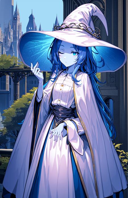 ranni the witch, one eye closed,  witch hat, dress, (extra arms:1.2), solo, ring, fur cloak, white dress, large hat, white headwear, blue lips <lora:ranni_v1-000008:0.8>masterpiece, best quality, ultra-detailed, city, street, gothic, steampunk, illustration, 1girl, (solo), platinum long hair, boots, from behind, vintage, antique, brass, metal, gears, machinery, ornate, elegant, classic, sophisticated, refined, poised, contemplative, thoughtful, curious, mysterious, enigmatic, magical, watchful, intelligent, bookish, contrast, perspective, depth, texture, detail, realism, impressionistic, expressionistic, abstract, surrealistic, innovative, experimental, unique, atmosphere, ambiance, mood, nostalgia, historical, cultural, technological, industrial, fantasy, imagination, creativity, artistry, craftsmanship, skill, precision, detail, composition, balance, harmony, rhythm, colorful, darker, reflection, refraction, foreground, middle ground, background, vanishing point, horizon line, focal point, naturalistic, figurative, representational,