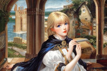 at historical castle; solo, waifu with blonde hair, blue eyes, white dress and black cape; exceptional, best aesthetic, new, newest, masterpiece, best quality, ultra detailed; correct anatomy, golden ratio, perspective; painting by John William Waterhouse