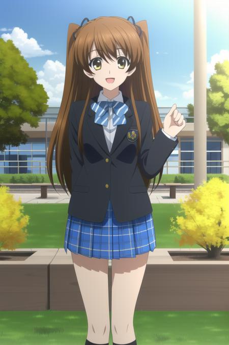 (masterpiece), high quality, highly detailed background, 1girl, solo,
<lora:WA2-Setsuno-v1-06:0.7>, ChopioSetsuno, looking at viewer,
brown hair, long hair, twintails, two side up, hair ribbon, brown eyes,
outfit_1, school uniform, blazer, long sleeves, bowtie, badge, white shirt, collared shirt, blue skirt, pleated skirt, plaid skirt, black kneehighs, brown footwear, loafers,
standing, smile, outdoors, sun, sun beams, leans flare, open mouth, happy,