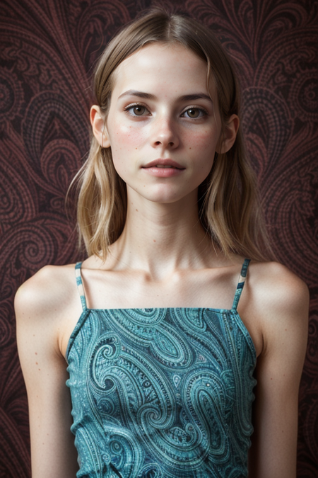 AlexNoiret, serious look, razored combover bob haircut, young woman, ((slim, fit, lanky, coltish:1.5)), paisley bodycon dress, spaghetti straps, looking at viewer, Hasselblad H6D, 80mm portrait, natural lighting, oiled skin, perfect eye blush, slightly open mouth, long eye lashes, <lora:epiCRealismHelper:0.2>, <lora:hairdetailer:0.3>, ((basic paisley backdrop:1.3)), detailed skin texture, (blush:0.5), (goosebumps:0.5), subsurface scattering, RAW candid cinema, 16mm, color graded portra 400 film, remarkable color, ultra realistic, textured skin, remarkable detailed pupils, realistic dull skin noise, visible skin detail, skin fuzz, dry skin, shot with cinematic camera