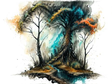 dark forest, landscape scenery, watercolor and ink style, white background, artistic and abstract, whirlwind, key visual, ink painting art, vibrant colors, minimalism, soft brush strokes <lora:Cute_Drawing:0.8> <lora:hyperkraximalism_v1-1:0.8>