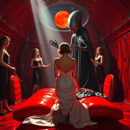 high-society elegant slender norvegian rich innocent young bride  kneeling  whorish red glossy bed from behind. She is ensnared by a towering, gray human-like alien, draped in a long, glossy black cloak, its eyes gleaming red with an otherworldly intensity.  its hands touching her head making  obey. Encased in light beam from the alien breeding chamber celling. Surrounded by strict ladies wearing  glossy satin dominatrix attire and glossy high heels,  holding whips.   weird wet-look black slime  walls and floor, colossus observation blister to outer space full of stars, bright red moon, vintage-inspired makeup, long hairs, ultra thin waist, evil grin, porcelain skin, lipstick, red nails, in the style of a haunting, retro-futuristic 1950s sci-fi nightmare, horror, alien space base,,