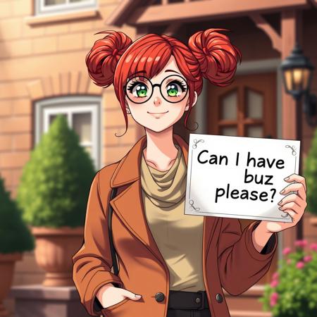 A beautiful woman stands outside of a lovely home. Clad in Fashionable clothes, she is slightly chubby. radiating a deep sense of warmth and contentment that seems to blossom from within. Her striking red hair is elegantly styled into two large, playful buns, adding a whimsical touch perched on either side of her head. Round-framed glasses sit charmingly on her button nose, and her bright green eyes sparkle with pure joy. She is holding up a large sign saying "Can I have buzz please?" anime