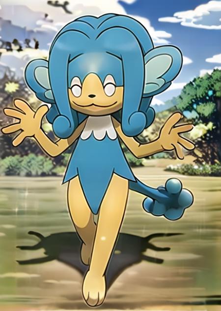 masterpiece, best quality, highres,
 <lora:Char_Pokemon_P-Simipour_v2:0.8>, Simipour, blue hair, closed eyes, furry, pokemon (creature), tail,
waving, smile,
grass, trees, lake