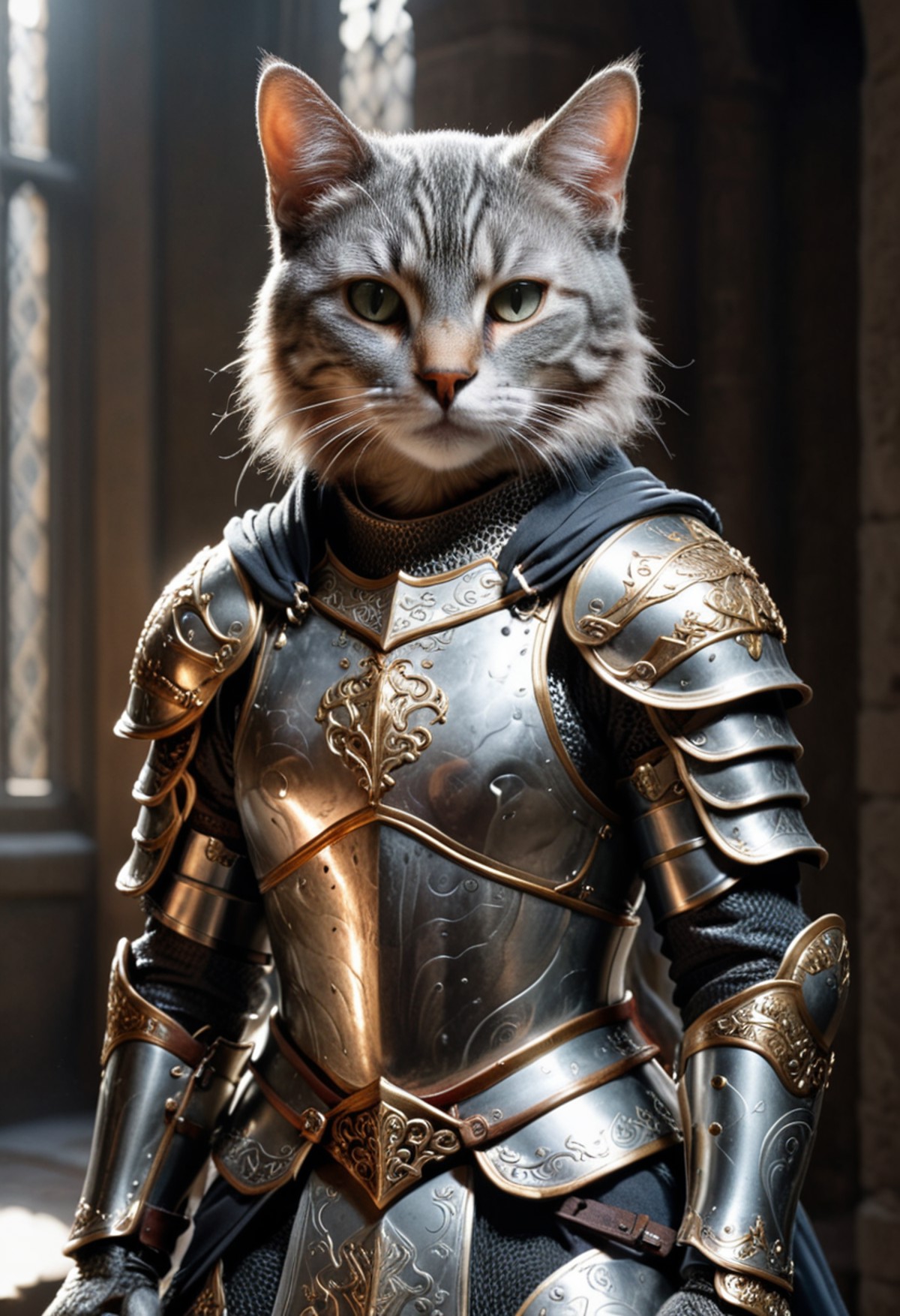 <lora:RMSDXL_Creative:2.5> kneeling cat knight, portrait, finely detailed armor, intricate design, silver, silk, cinematic...