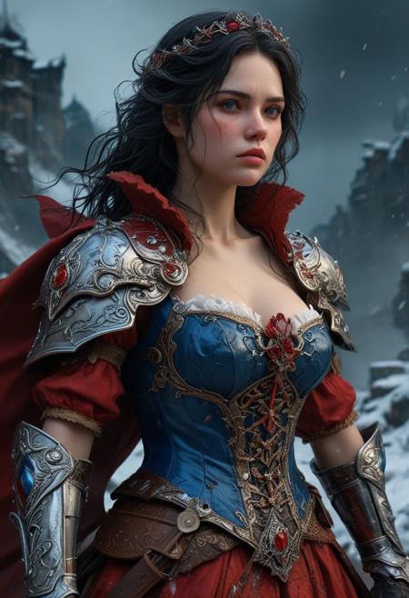 High resolution ultra-realistic of Beautiful Snow White warrior, Fantasy style, 8k, capturing the intensity of the moment, dramatic lighting, standing on a bloody and stormy battlefield in a fighting pose, fire, intricately designed iron armor, red skirt, perfect athletic figure, beautiful Warrior Swow White, fire, dirty face, ultra realistic, cinematic style, athletic figure, dark fantasy, covered in dirty and blood, cinematic colors Lighting, extremely detailed, 8K, wavy black hair, realistic dirty bloody pale face, realistic blue eyes, beautiful Snow White on in cool iron armor, hyper-detailed, hyper-realistic, bright colours, Attractive 21 old years girl, Attractive, beautiful firm Breasts, sharp focus, digital painting, Photograph Taken on Nikon D750, Alphonse Mucha, 8K, athletic figure, Hyperdetailed, hyperrealism, Attractive, Attractive bust girl, asymmetric balance