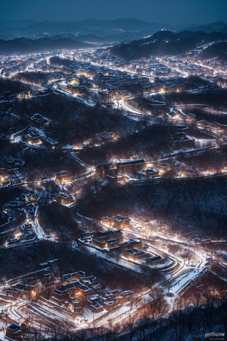 Suwon Hwaseong Fortress under fresh snowfall, cold blue tones, stone walls stretching across the hills, distant village lights, cinematic angle, peaceful yet epic winter scene