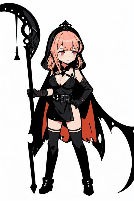 <lora:clear_LimbusCompany-fight:1>, 1girl, mori calliope, virtual youtuber, long hair, breasts, pink hair, scythe, solo, veil, tiara, dress, cleavage, thighhighs, white background, holding, black dress, holding scythe, looking at viewer, full body, simple background, pink eyes, spikes, bangs, single thighhigh, cape, see-through, black thighhighs, side slit, large breasts, weapon, detached sleeves, torn clothes, black cape, belt, standing, black nails, single sleeve, blunt bangs, cleavage cutout, cloak, clothing cutout