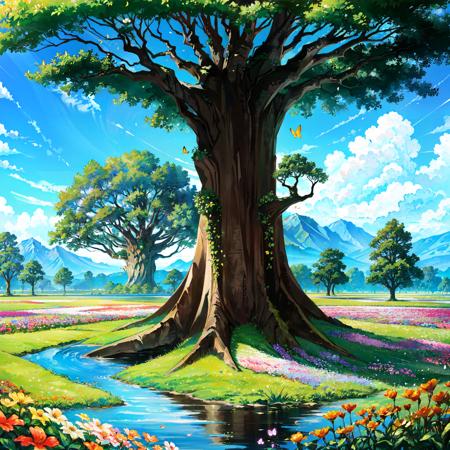 (masterpiece, best quality, intricate details), fantasy,((giant world tree:1.5)), fantastic scenery, lots of flowers,butterflies are flying,Water splash, rainbow, sun shining,((a field of flowers:1.3)),