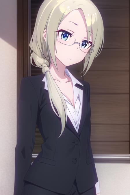 christinawakoyamato, <lora:christina wako yamato s2-lora-nochekaiser:1>, 
christina wako yamato, long hair, blue eyes, blonde hair, (green eyes:1.3), glasses, hair over shoulder, semi-rimless eyewear, low ponytail, under-rim eyewear,
BREAK shirt, collarbone, jacket, white shirt, pants, black jacket, black pants, formal, suit, office lady, pant suit,
BREAK indoors, office,
BREAK looking at viewer, (cowboy shot:1.5),
BREAK <lyco:GoodHands-beta2:1>, (masterpiece:1.2), best quality, high resolution, unity 8k wallpaper, (illustration:0.8), (beautiful detailed eyes:1.6), extremely detailed face, perfect lighting, extremely detailed CG, (perfect hands, perfect anatomy),