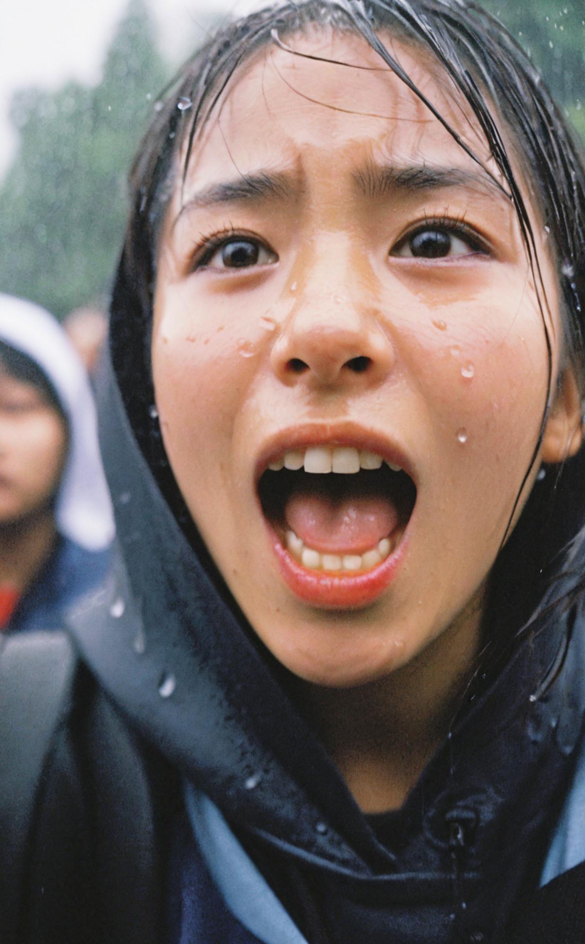 A woman with wet hair is wearing a black coat and looking up, her mouth wide open.