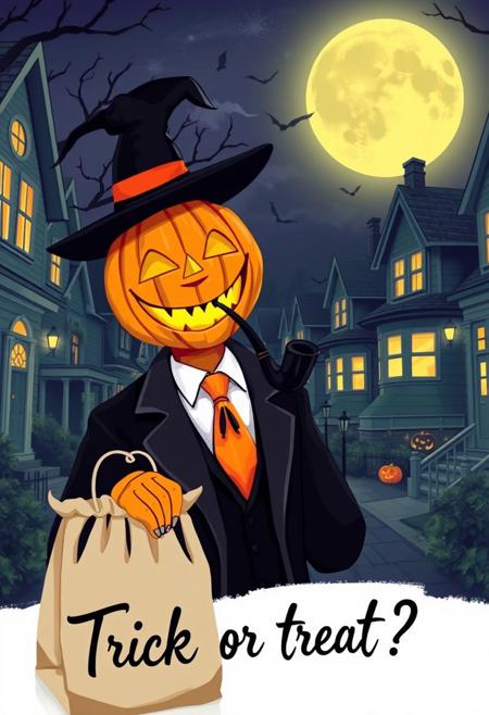 Halloween time, common streets, beautiful houses, nigh, big moon,  jackolantern happy, gentle smile, elegant suit, orange tie, smoking a pipe, a small,  trick or treat, a paper bag with the text "soul bag" handwrite, cursive font proclaiming "Trick or treat?".