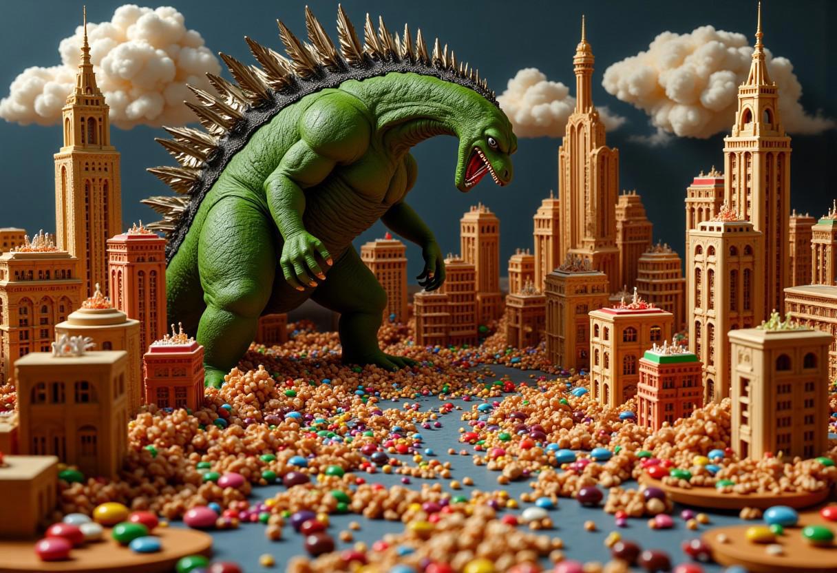 (masterpiece), best quality, expressive eyes, perfect face, sharp eyes, digital painting, voluminetric lighting, metallic reflections, 8k.
The diorama features a city made entirely of sugary treats. Its base is a chocolate-covered graham cracker, adorned with marshmallow clouds and sugar sprinkle skyline. Skyscrapers of brightly colored lollipops and shorter buildings of intricately designed jelly beans create a vibrant cityscape. Candy canes, pretzel rods, and gumdrop domes add structural support. A towering Godzilla, crafted from green fondant and black licorice, stands in the heart of the city. Its tail sweeps through jelly bean buildings, while its fiery breath, depicted by red licorice, melts gumdrop domes. Panicked gummi bears and sour patch kids flee as gummy soldiers attempt to defend the city with candy swords and lollipop spears. The fallen buildings release a cascade of colorful candies down the chocolate terrain, forming a river of sweetness flowing towards the city's outskirts. The scene captures a whimsical blend of destruction and delight, embodying both chaos and confection.